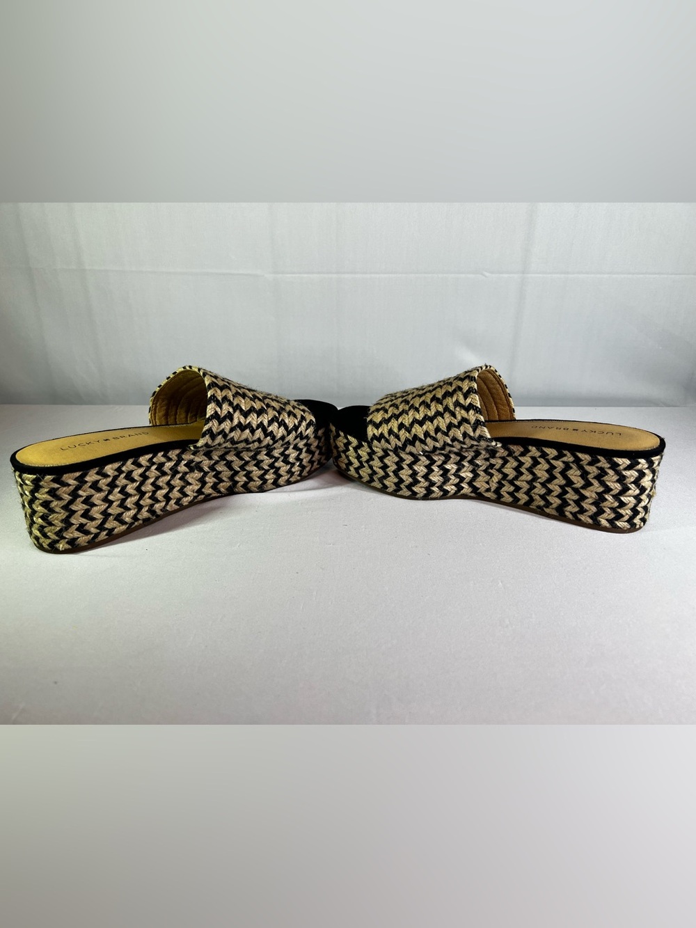 Lucky Brand Beffani Wedge Sandals Size 9 Black Cream Woven Jute Espadrille Boho - Picture 8 of 12
